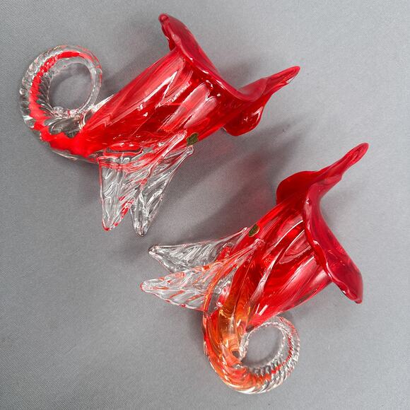 Set of 2 VTG Murano Sommerso Jack in Pulpit Cornucopia Red Clear Vase Japan 8" - Picture 2 of 16